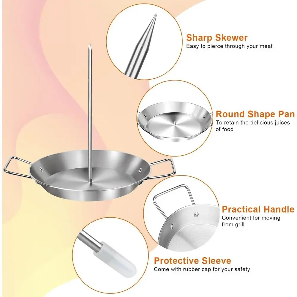 Grill Skewer, XL 13 Inch Pan, Fat Separator, Spit Stand, 5 Spikes & 2 Brushes